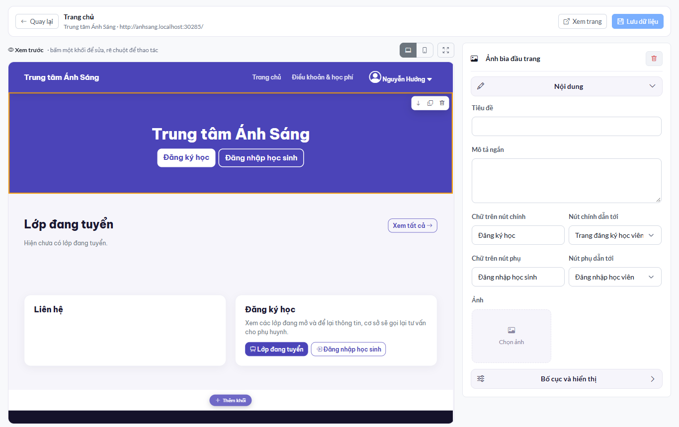 Trình dựng trang giới thiệu của cơ sở: cột khối bên trái và bản xem trước trang công khai bên phải